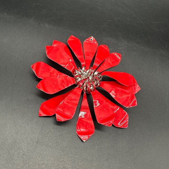 Vintage Christmas Ornament Handmade Red Silver Flower Aluminum Metal Atomic - Picture 1 of 8